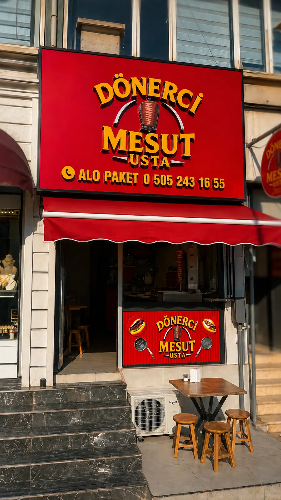 Bursa Osmangazi Emek Dönerci Mesut Usta: kırmızı kompozit cephe ve sarı kutu harf