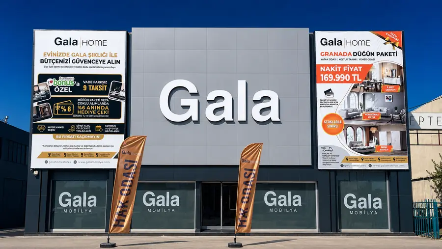 Bursa Osmangazi Gala Home: beyaz kutu harf ve kampanya brandaları