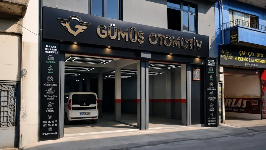 Bursa Osmangazi Gümüş Otomotiv: siyah Alucor kompozit cephe ve metalik kutu harf