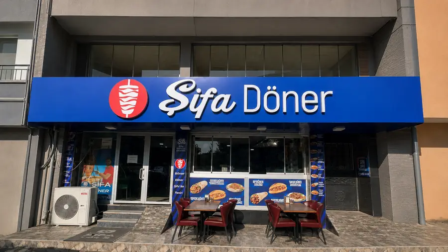 Bursa Osmangazi Emek Şifa Döner: mavi kompozit cephe ve beyaz kutu harf